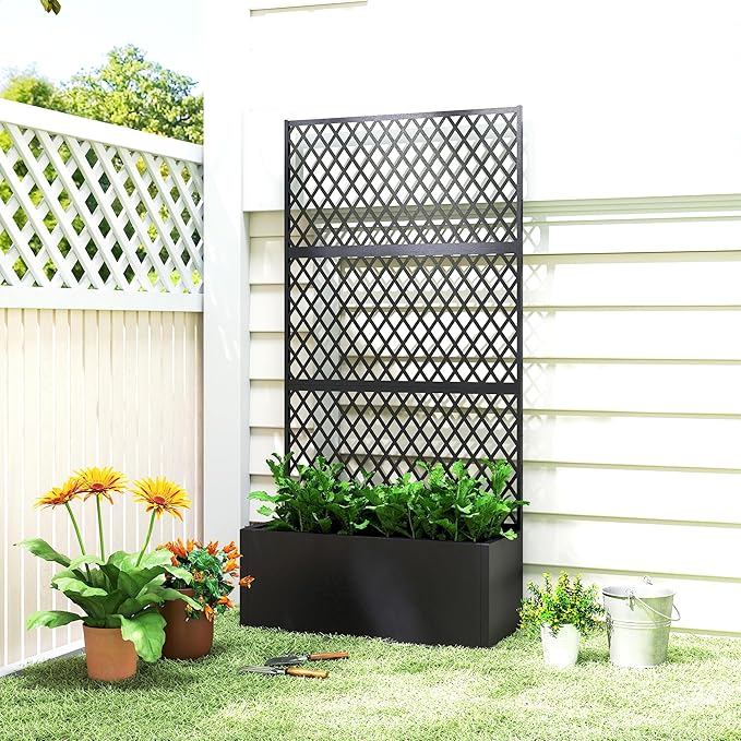 Outsunny Metal Planter Box with Trellis, Raised Garden Bed with Trellis Privacy Screen and Drainage Holes for Climbing Plants, Diamond Lattice Privacy Planter for Garden, Patio, Balcony