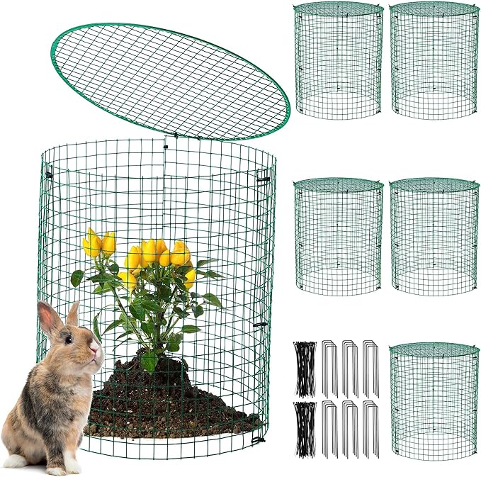 6 Pack Garden Plant Protectors from Animals with Stakes, Metal Mesh and Detachable Covers Wire Plant Cage for Keeping Bunny Animals Out, Chicken Wire Cover Garden Protect (12 * 13 in)