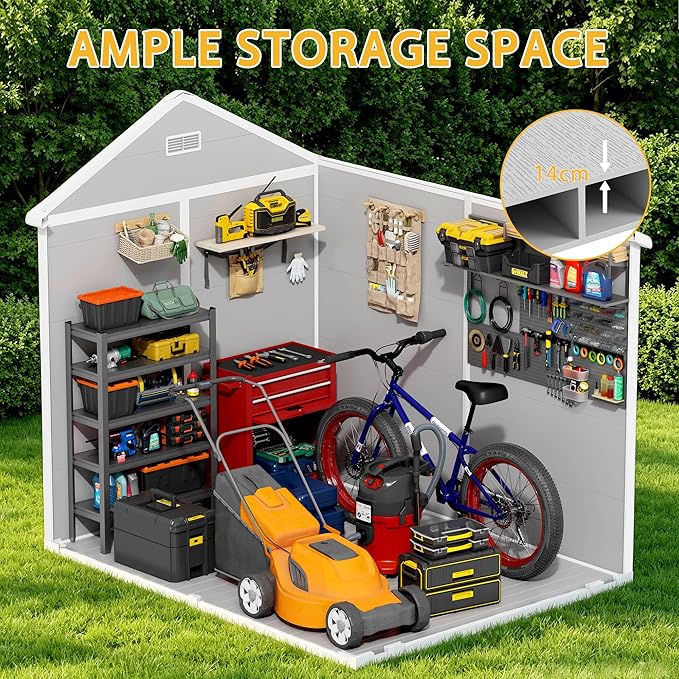 PIPLEO 6x8 FT Resin Outdoor Storage Shed with Floor, Plastic Garden Storage Shed with Lockable Door & Vent, All Weather Versatile Tool Shed for Backyard, Patio, Lawn, Cloud Gray (6x8 FT)