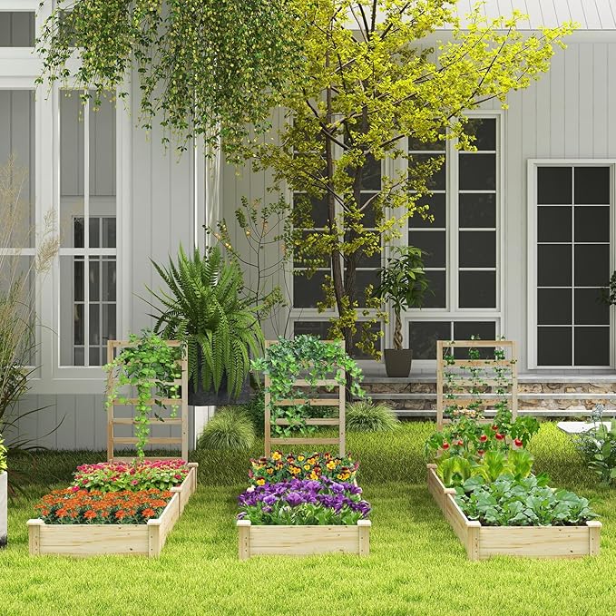 S AFSTAR Raised Garden Bed with Trellis & Planter Box, 93" L x 25" W x 40" H Outdoor Wooden Planter Box Kit for Flower Herb Vegetable Fruit Climbing Vines, Elevated Gardening Bed for Garden Patio