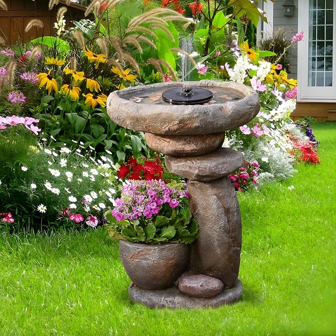 Solar Fountain for Bird Bath, Water Fountain Outdoor with Planter, Freestanding Rock Solar Waterfall with LED Lights for Garden, Patio, Yard