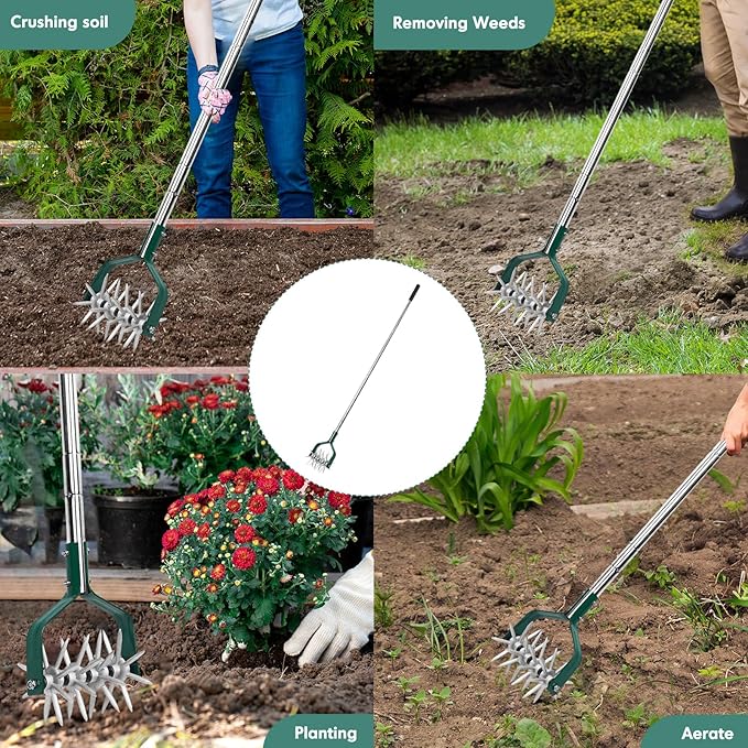 YEELOR Garden Cultivator Adjustable Stainless Steel Handle, fine Rotary Cultivator Tiller for Small Scale Gardens Soil Loosening, Lawn Aeration, Fertilizer Mixing & Planting Preparation