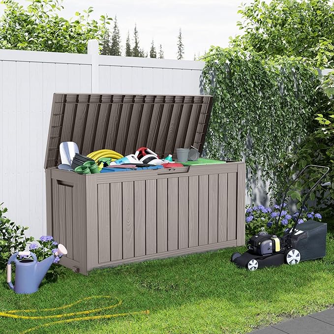 PatioZen 75 Gallon Resin Deck Box, Lockable Patio Outdoor Storage Box for Furniture, Garden Tools and Tools Storage, Waterproof Outside Storage Boxes - Grey