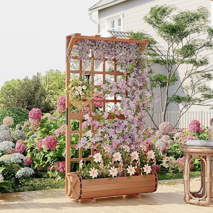 GarveeLife 67" h Raised Garden Bed with Trellis & Roof - Wooden Planter Box with Drainage, Freestanding Outdoor Garden Box for Climbing Vines, Vegetables, Flowers - Perfect for Yard, Patio, Balcony