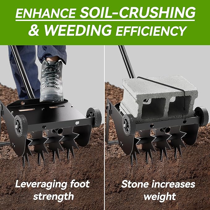 Lineware 9-Inch Lawn Aerator,Heavy Duty Push Spike Aerator with 2 Wheels,Aerator Lawn Tool with Steel Handle, Manual Aerator Lawn Tool with Foam Armrests, Suitable for Lawn, Garden and Yard