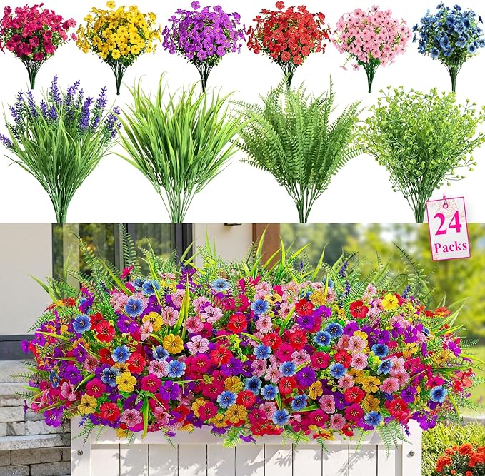 Alupssuc 24 Bundles Artificial Flowers for Outdoors Spring Decoration, UV Resistant Eucalyptus Violet and Lavender Silk Fake Plants for Outside Indoor Decor, Red Rose Purple Blue Yellow Pink