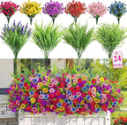 Alupssuc 24 Bundles Artificial Flowers for Outdoors Spring Decoration, UV Resistant Eucalyptus Violet and Lavender Silk Fake Plants for Outside Indoor Decor, Red Rose Purple Blue Yellow Pink
