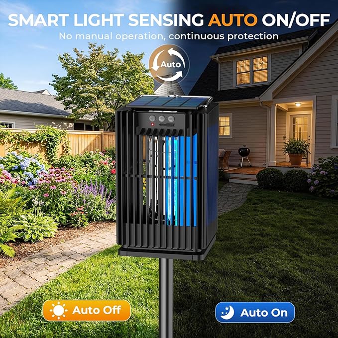 Solar Bug Zapper Outdoor, Solar Mosquito Zapper Outdoor with Ground Bracket, AUTO On/Off Solar Fly Zapper with Illuminated Light, Rechargeable Cordless Mosquito Traps for Camping Paito Backyard Garden