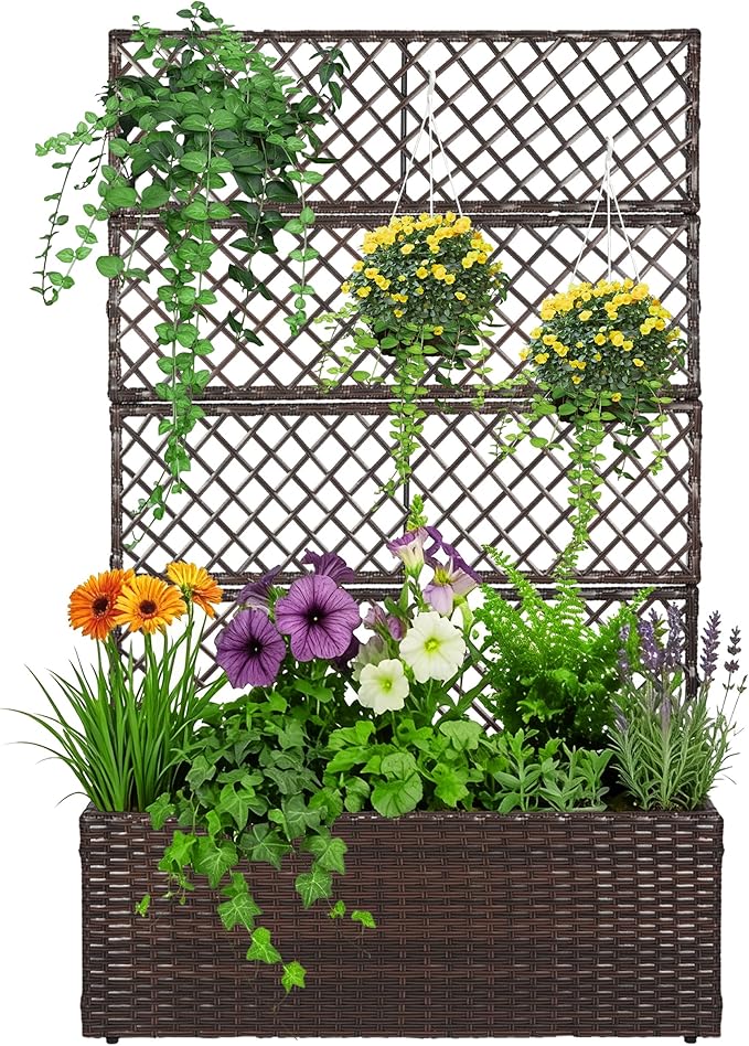 52’’ H Garden Planter Box with Trellis Outdoor for Vine Climbing Plants, Flowers Handwoven Rattan Garden Bed with Removable Liners for Backyard Patio Balcony