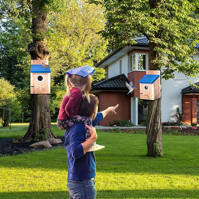 Dreyoo Cedar Bluebird Box Houses for Outside, 1-1/2'' Entrance Hole Wooden Bird Houses with Metal Guard, Secure Latch, Fledgling Grooves, Air Vents for Bluebird Wren Swallow (2 Pack)