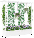 Raised Garden Bed with Trellis & Hanging Roof, Weatherproof Metal Planter Box with Wheels, Garden Arch Trellis for Outdoor Climbing Plants Vines Flowers, 74" H x 77" L x 17" W, White