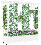Raised Garden Bed with Trellis & Hanging Roof, Weatherproof Metal Planter Box with Wheels, Garden Arch Trellis for Outdoor Climbing Plants Vines Flowers, 74" H x 77" L x 17" W, White