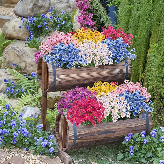 Bassion 24 Bundles Artificial Flowers for Outdoors Decoration, UV Resistant Blue Silk Fake Faux Flowers Artificial Plants for Outside Window Box Porch Garden Home Decor