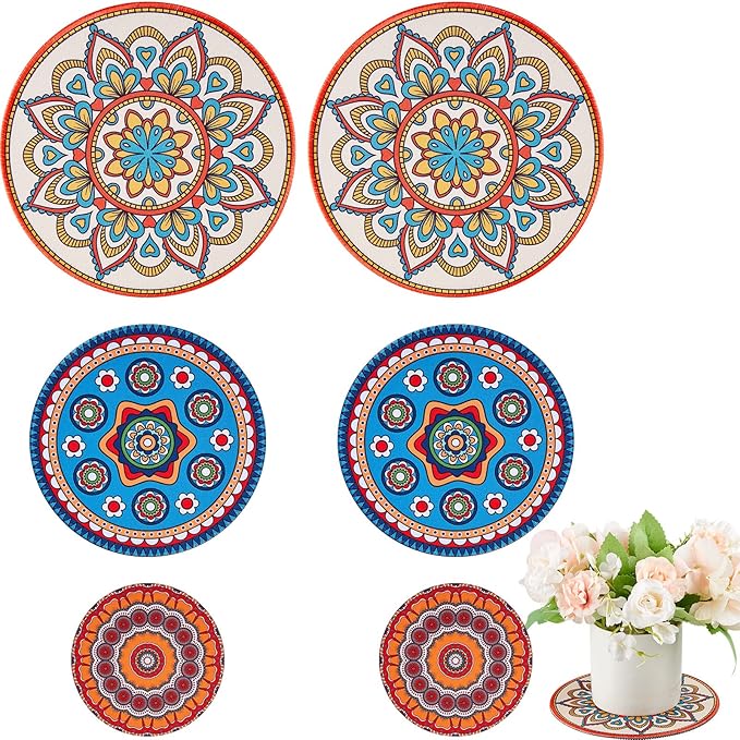 Nuanchu 6 Pieces Boho Plant Pot Mat 3 Size 3.94" 5.9" 7.87" Rubber Absorbent Non Slip Pot House Indoor Plant Coasters Round Pad Gardening Outdoor Flower Protect Mat for Table Desk Floor