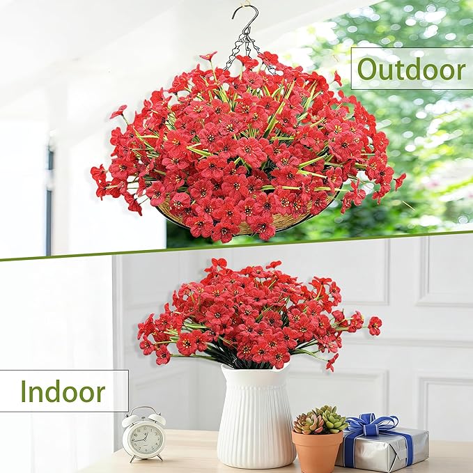 20 Bundles Artificial Flowers for Outdoors, UV Resistant Fake Flowers with Plastic Plants, Faux Silk Flowers for Planter outdoors, Fake realistic flowers For Window Box Front Porch Patio Decor-Red