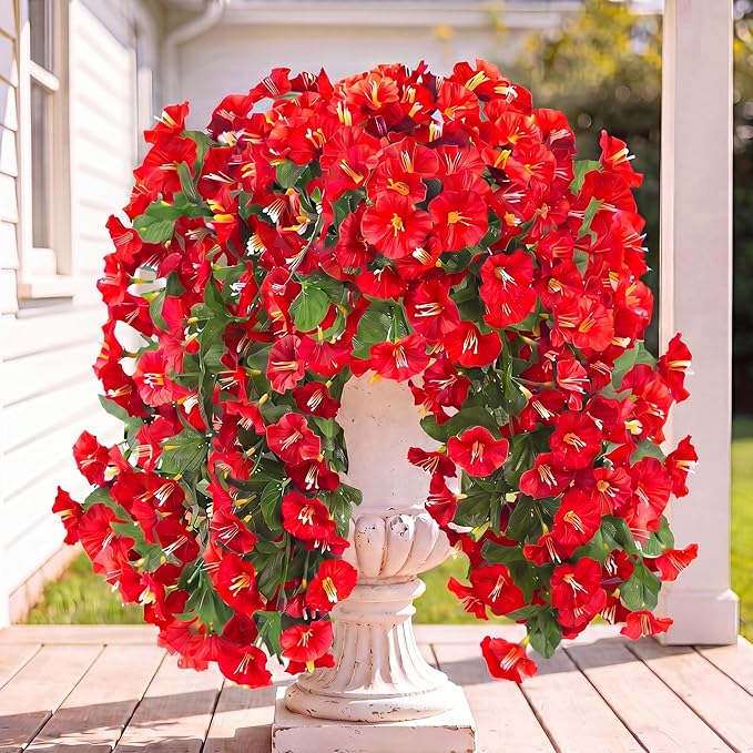 Sggvecsy Artificial Fake Hanging Flowers Plants for Outdoor Outside Spring Summer Decoration 2PCS Faux Silk UV Resistant Realistic Morning Glory Trailing Vines for Home Porch Patio Balcony(Red)