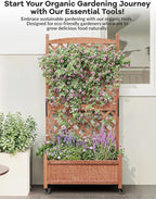 GarveeLife 1PC Wood Planter Box with Trellis - 29.5"x26"x61.5" Tall Raised Garden Bed with Wheels, Drainage Holes, Vertical Flower Stand for Patio Horticulture