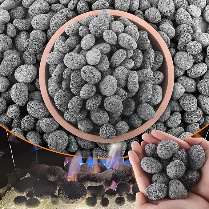 CJGQ 18 Lb Lava Rocks for Fire Pit,1"-2" Natural Pebbles Tumbled Lava Rock,Round Fire Pit Rocks for Portable Fireplaces Propane Gas Fish Tank Landscaping Garden Decoration