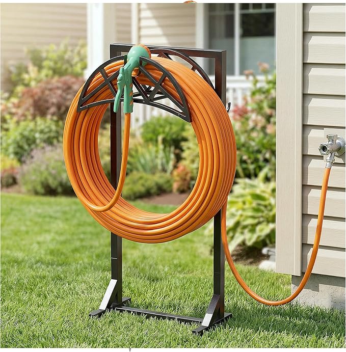 Garden Hose Holder, Heavy-Duty Metal Stand with Stable Base & 2 Tool Hooks, Freestanding Storage Rack for Outside, Holds 150ft – Hose Holders for Yard & Lawn