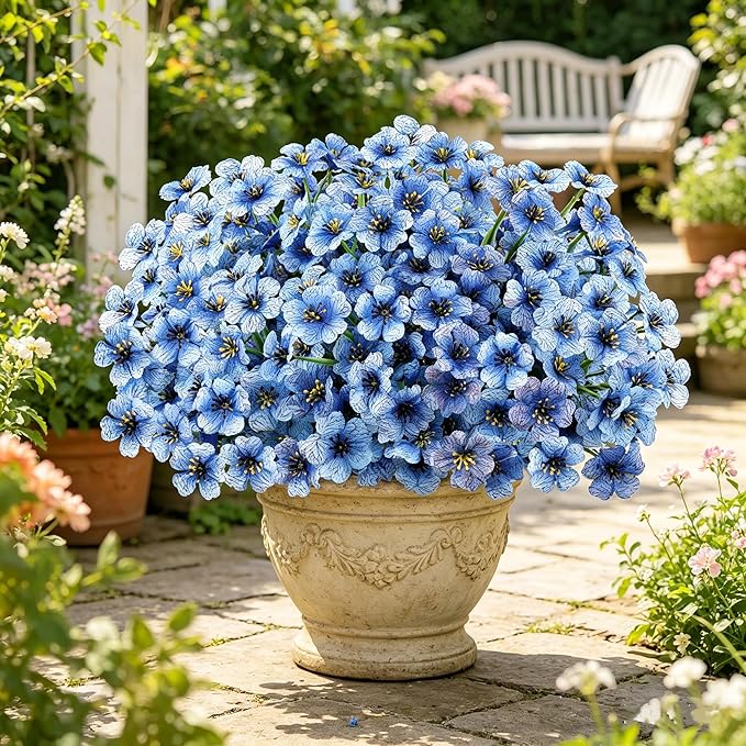 AmyHomie 20 Bundles Artificial Flowers for Outdoors UV Resistant Fake Plants, Faux Silk Flowers No Fade for Planters Garden Porch Window Box Spring Summer Decoration(Blue)