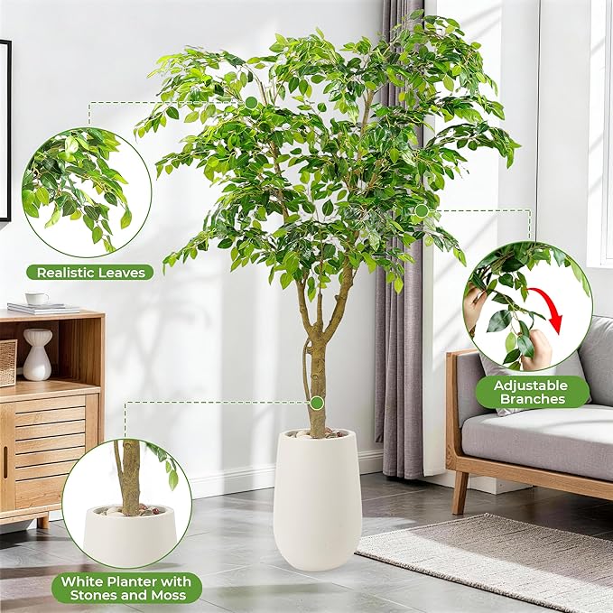 6.5FT Artificial Ficus Tree with White Planter and Pebbles,Faux Silk Tree with Lifelike Leaves and Realistic Trunk,Tall Fake Potted Plant for Home and Office Décor Indoor and Outdoor (6.5FT)