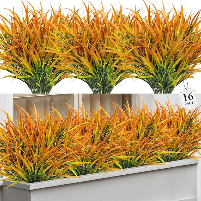 16 Pcs Artificial Plants Outdoor Fake Grass Faux Greenery Stems UV Resistant Plastic Plants Shrubs for Planters Patio Garden Front Porch Pathway Spring Summer Home Decor, Yellow