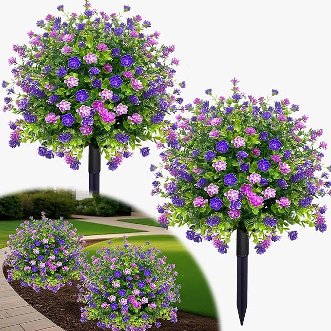 2 Pack Artificial Boxwood Topiary Ball Tree with Spikes,Outdoor UV Resistant Fake Bushes Plants Flowers,Faux Shrubs Greenery for Planters Yard Porch Pathway Office Spring Decor - Purple