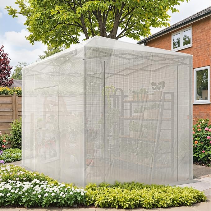 Devoko 8x6 FT Walk-in Greenhouse, Instant Pop Up Green House for Outdoors with PE Cover, Zippered Door and 2 Roll-up Windows, Portable and Easy Assemble (White)