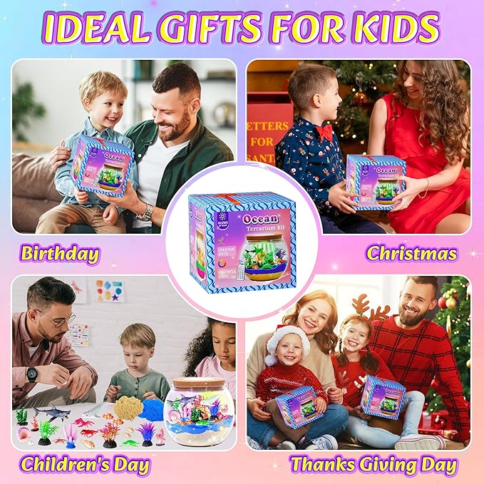 Hannstar Ocean Light Up Terrarium Kit for Kids - Sea Animal Toys with LED Night Light Ocean Animal Birthday Gift for Boys & Girls Ages 4 5 6 7 8-12, Kids Arts & Crafts Kit Easter Ideal Gifts