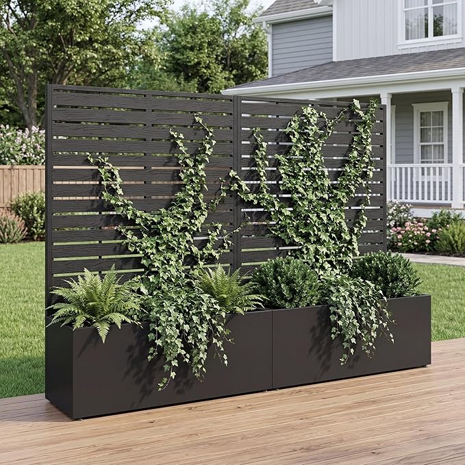 Metal Raised Garden Bed with Trellis, 35"x16"x47" Planter Box for Vegetables & Climbing Plants, Outdoor HDPE Privacy Screen Planter with Drainage Holes for Patio, Backyard, Garden