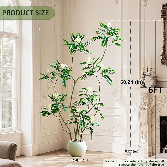Artificial Locust Tree, 6FT Tall Artificial Plants Indoor with White Flowers & Pot, Large Floor Plant Faux Sophora Fake Flower Tree Silk Plants for Indoor Office Home Room Balcony Porch Decor