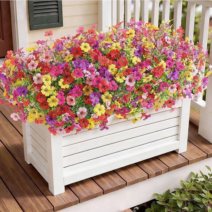 SHareconn 36 Bundles Artificial Flowers for Outdoors Decoration, Faux Plants Fake Silk Colorful Daisy Eucalyptus Lavender, UV Resistant for Outside Home Porch Patio Indoor Spring Decor, Mix 5 Colors