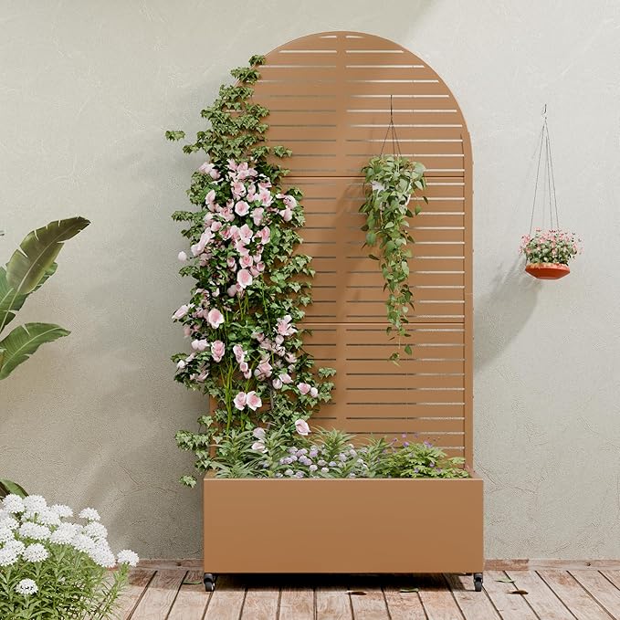 Casaphoria Metal Raised Garden Bed with Trellis and Wheels, 72"x35"x16" Arched Planter Box for Climbing Plants, Vegetables & Vines, Features Drainage Holes and Privacy Screen (Brown-Louvered)