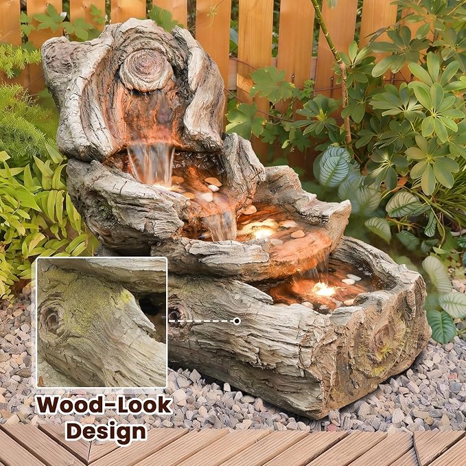Sunlinua 31.5" L Outdoor Water Fountain with 3 Tiers Cascading Realistic Tree Trunk Waterfall Fountains with LED Lights Outdoor Water Fountain for Garden Patio Backyard Porch Home Decor