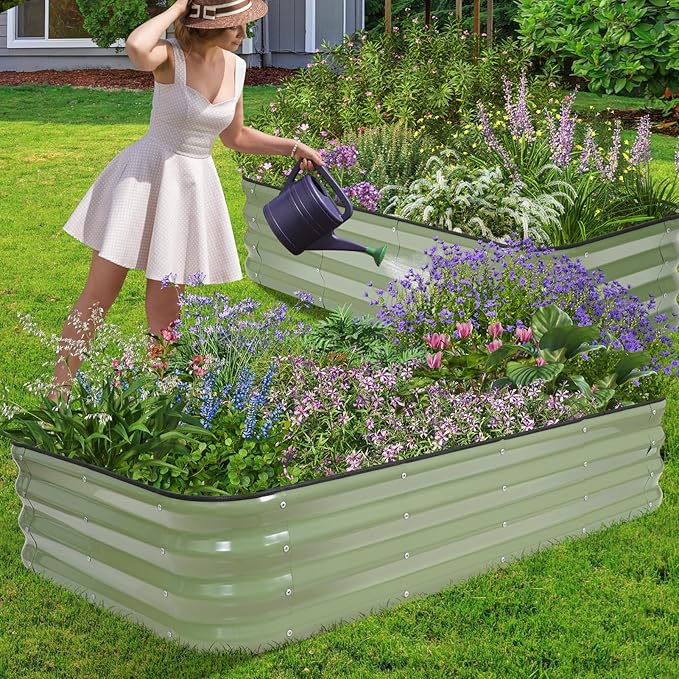 1MORE Raised Garden Bed -5X3X1 Galvanized Planter Box for Outdoor Gardening,4 in 1 Modular Raised Bed Kit with Protective Tape, Gloves for Herb,Ideal for Vegetables and Plants.Green-1Pack