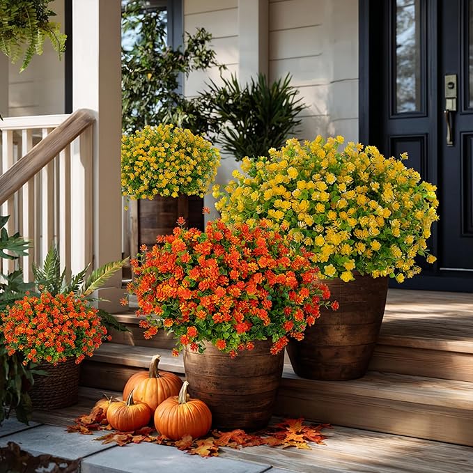 Artificial Flowers Outdoor Fake Plants - 12 Bundles UV Resistant No Fade Faux Plastic Greenery Boxwood Shrubs Home Garden Porch Patio Decoration (Yellow)