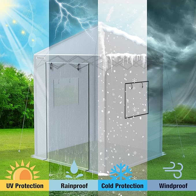 WORKPRO 8'x 6' Portable Walk-in Greenhouse, Instant Pop-up Heavy Duty Gardening Green House Canopy with Robust PE Cover, Indoor Outdoor Plant House Shed with Roll-up Entry Doors and 2 Screen Windows