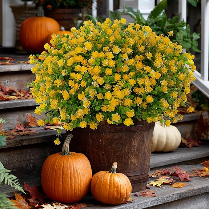 Artificial Flowers Outdoor Fake Plants - 12 Bundles UV Resistant No Fade Faux Plastic Greenery Boxwood Shrubs Home Garden Porch Patio Decoration (Yellow)