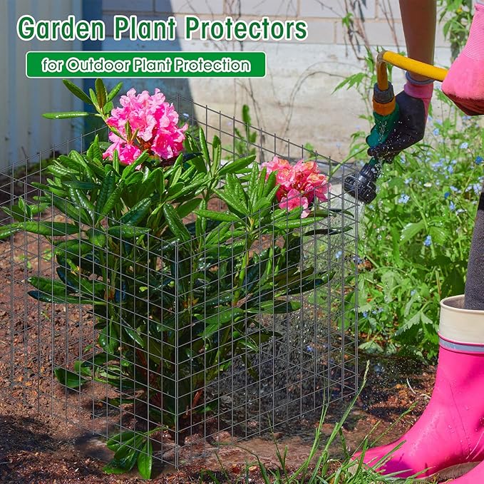 Zubebe 10 Pack Small Wire Plant Protectors Square Plant Protectors from Animals Mesh Cage Chicken Wire Cloche for Shrubs with Ground Stakes and Nylon Ties(Thickness 2mm,Dark Green)