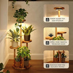 Bamworld Plant Stand Indoor with Grow Lights Plant Shelf 4 Tier Wood Plant Stand for Multiple Plants Tall Corner Plant Stands for Outdoor Round Flower Stand Plant Holder for Living Room Patio Garden Balcony