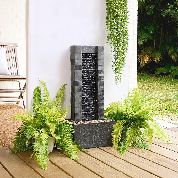 Teamson Home 29.25" Demeter Indoor/Outdoor Modern Waterfall Fountain with LED Lights, Black and Stone Gray