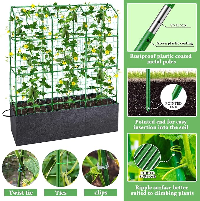 50x65x18 Inch Cucumber Trellis for Raised Bed - with 46 Gallon Grow Bags, Garden Trellis for Climbing Plants Outdoor with Climbing Net and Plant Support for Cucumber, Tomato, Vegetable, Grape, Vine