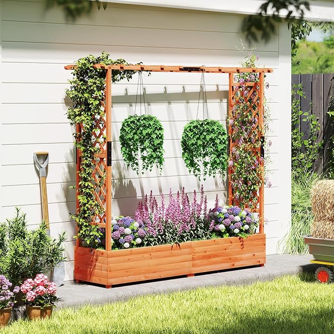 HAPPYGRILL Raised Garden Bed with Trellis, Freestanding Wood Planter Box w/Hanging Roof & Drainage Holes for Vine, Climbing Plants, Flowers, Outdoor Planter with Trellis for Garden, Patio, Yard (2)