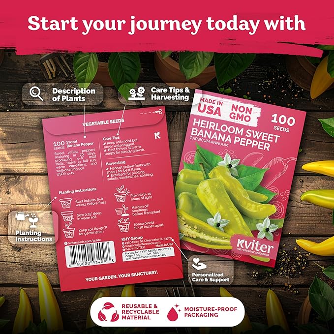 KVITER 100 Sweet Banana Pepper Seeds for Planting (Capsicum Annuum) – Yellow Bell Pepper Seed Packets – Non GMO Heirloom Vegetable Seeds for Planting Indoor Garden & Outdoor, Containers