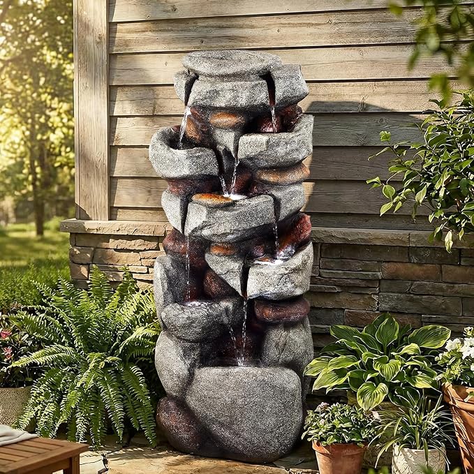40" H Outdoor Water Fountain, Cascading Rock Waterfall Fountain with 6 White LED Lights, 7-Tiers Large Water Feature for Outdoor, Garden Water Fountain for Patio, Yark, Deck, Porch, Home Decor