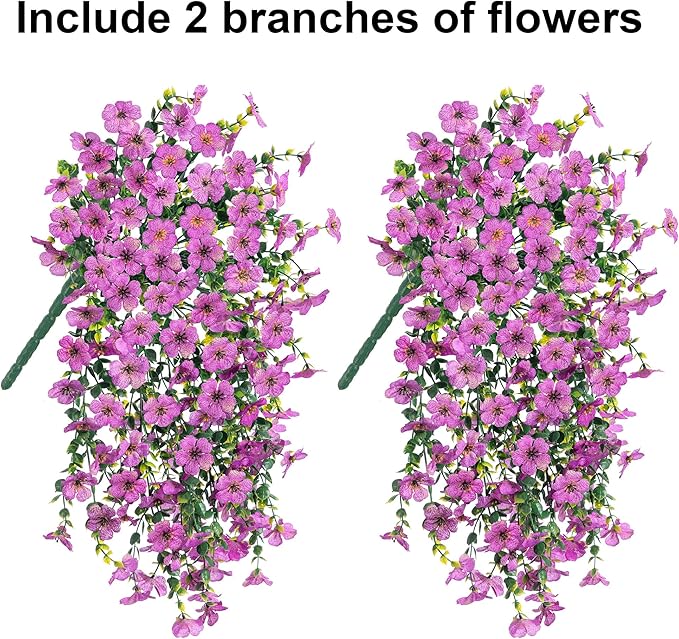 HyeFlora Artificial Flowers for Outdoors Garland Decoration, 2Pcs Purple Fake Hanging Flowers, UV & Fading Resistant, Faux Decor for Home Porch Patio Balcony Planter Yard