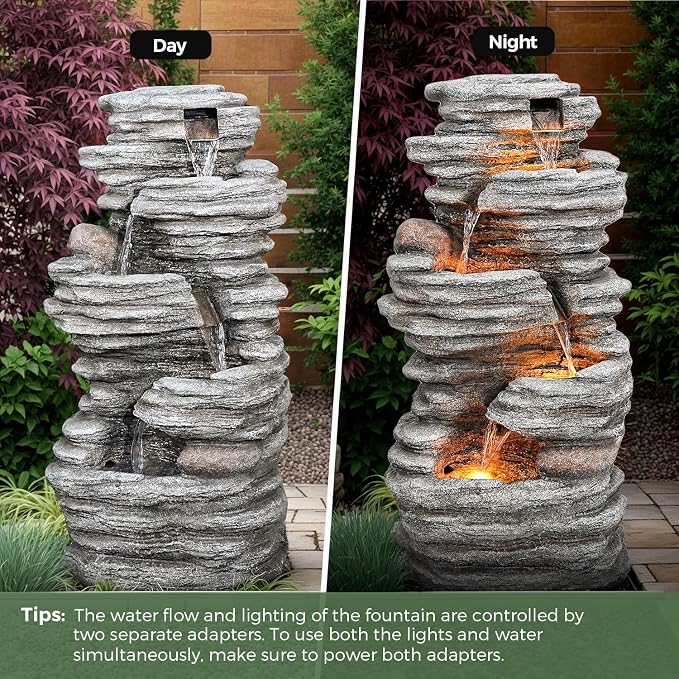 Jocoevol 40" Outdoor Water Fountain with LED Lights - 5-Tier Cascading Rock Waterfall Fountain, Natural Rock Look, Ideal for Garden, Landscaping, Patio, Balconies and Yard Decor