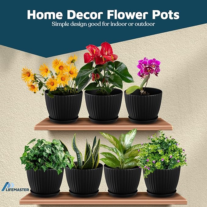 Black 6-Inch Plant Pots with Drainage & Saucers 12 Pack, Indoor & Outdoor Planters for Houseplants, Herbs, and Flowers, Durable & Weatherproof Material, Stackable, Lightweight, Minimalist Design