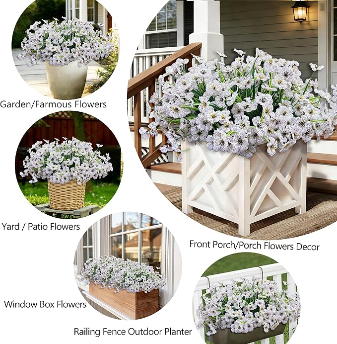20 Bundles Artificial Flowers for Outdoors, UV Resistant Fake Flowers with Plastic Plants For Outside, Faux Silk Flowers for Planter outdoor, Fake Realistic Flower for Planters Window Box Decor-White