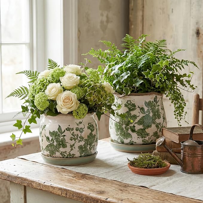 2 Set Vintage Ceramic Planters, 6 Inch Beige Green Crackle Glaze Flower Pots with Drainage Saucers, Vintage Style Green Floral Plant Pot for Indoor Plants, Home Decor Gift